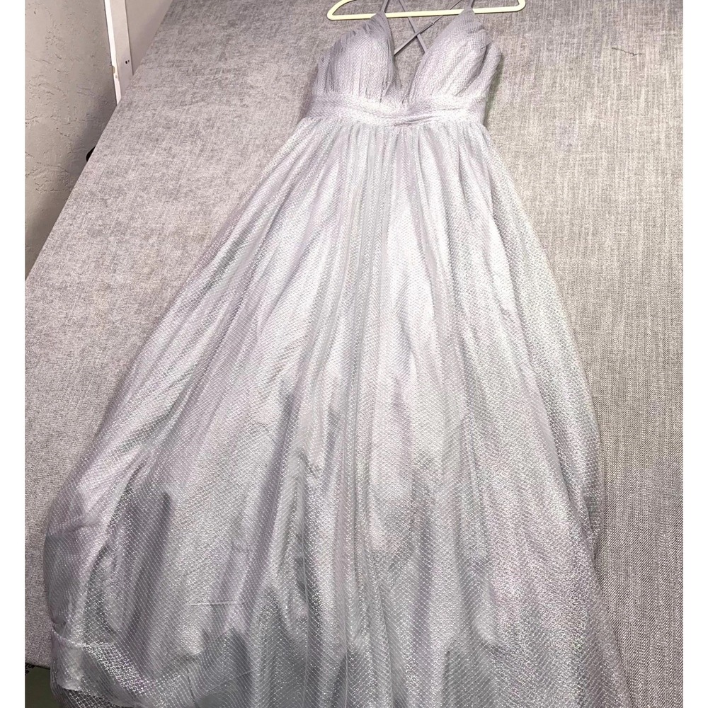 Jules & Cleo A Line Prom Dress Women 20 Silver Deep V Sparkle Formal Gown